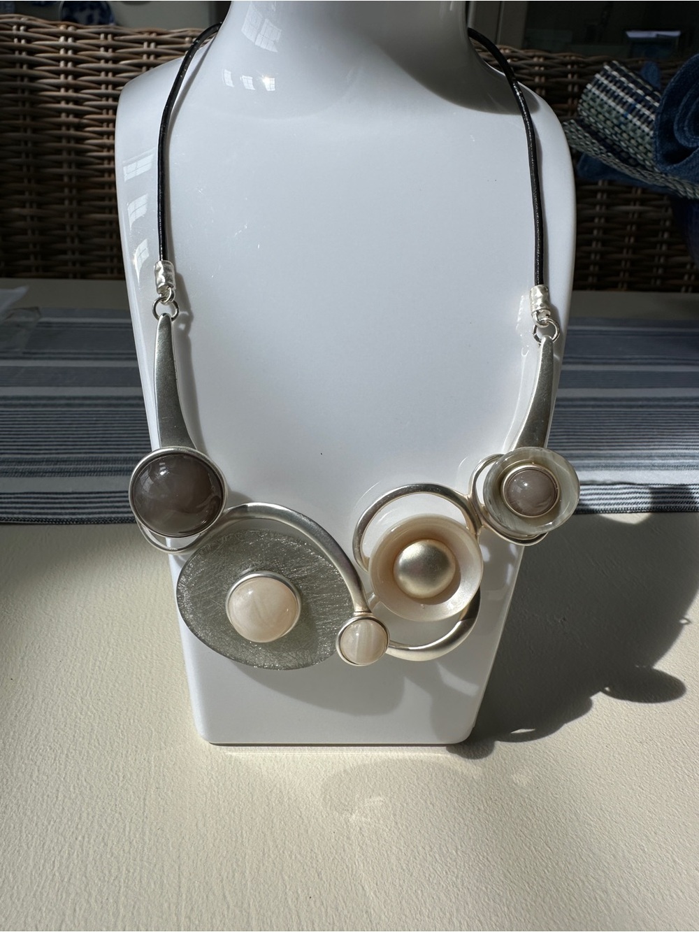 Statement Silver-Tone Necklace with Cream and Taupe Accents